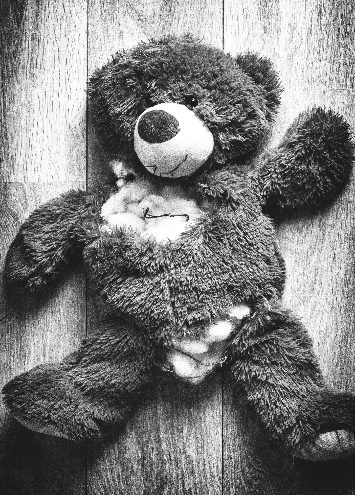 a broken teddy bear.